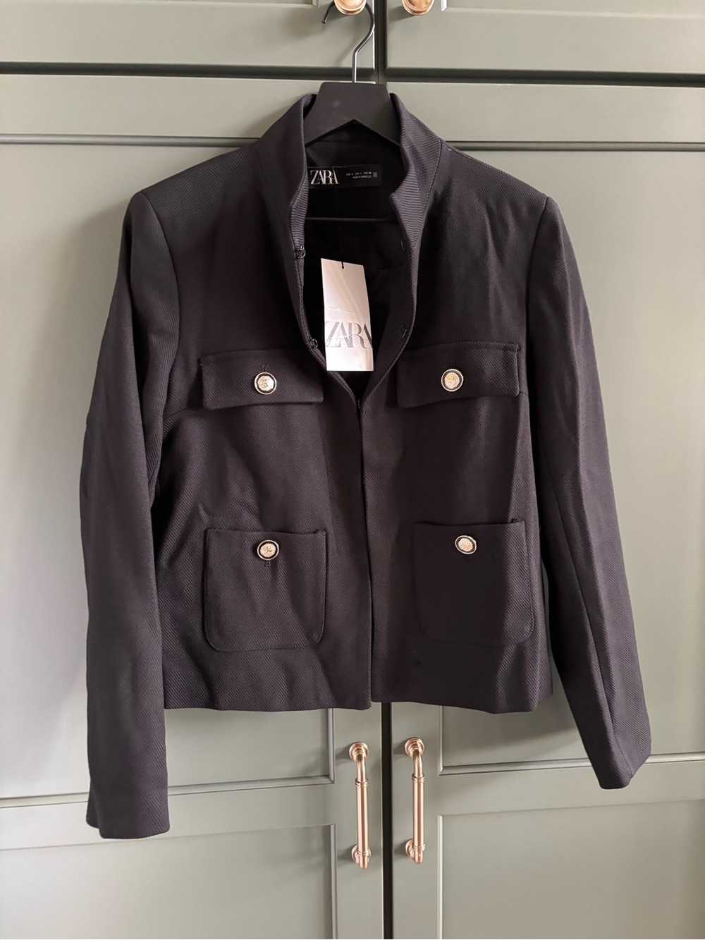 NWT  ZARA Blazer Military Boxy Textured High Collar Black Lined, Office L